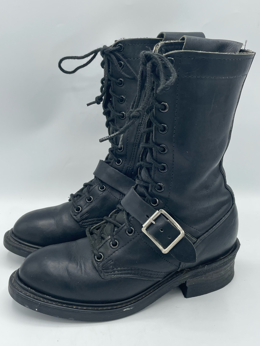 Double H Vintage Black Leather Lace-Up Combat Moto Boots With Buckle Strap.